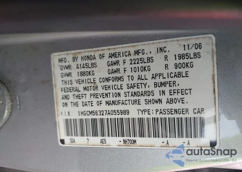 2007 Honda Accord 2.4 Se from USA, damaged, VIN 1HGCM56327A055989